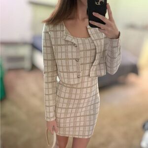 Plaid Cream dress & blazer Set